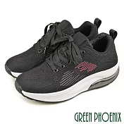 【GREEN PHOENIX】女 休閒鞋 健走鞋 透氣 飛線編織 綁帶 厚底 氣墊 EU36 黑色
