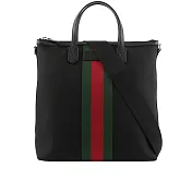 Gucci 科技尼龍綠紅織帶手提/斜背二用包 (黑色)