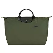 LONGCHAMP LE PLIAGE GREEN系列刺繡短把再生尼龍摺疊旅行袋(小) 森林綠