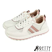 【Pretty】復古異質拼接網布線條休閒鞋/小白鞋 JP23 粉紅色