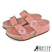 【Pretty】女 拖鞋 二字 雙帶 花 鉚釘 沾黏式 厚底 楔型 台灣製 EU37 粉紅色