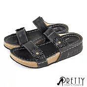 【Pretty】女 拖鞋 二字 雙帶 花 鉚釘 沾黏式 厚底 楔型 台灣製 EU36 黑色