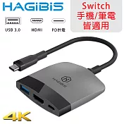 HAGiBiS 海備思 Switch擴充器 HDMI+USB3.0+PD 黑灰配色