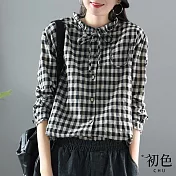 【初色】木耳領棉麻風格子襯衫-黑色格子-60763(M-2XL可選) M 黑色格子