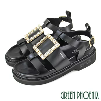 【GREEN PHOENIX】女 涼鞋 國際精品 寬帶 水鑽 方釦 義大利胎牛皮 厚底 EU36 黑色