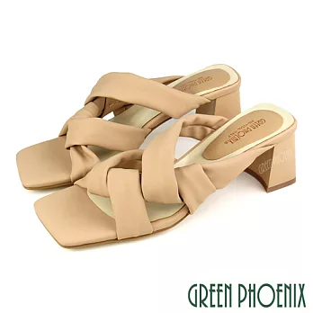 【GREEN PHOENIX】女 拖鞋 國際精品 交叉 扭結 軟羊皮 方頭 高跟 日本進口 EU35 杏色