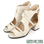 【GREEN PHOENIX】女 踝靴 涼鞋 國際精品 鏤空 墜飾 後拉鍊 粗跟 高跟 魚口 EU35 白色