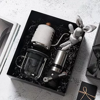【PO:Selected】丹麥手沖咖啡三件禮盒組(咖啡壺-灰/玻璃杯350ml-黑/不銹鋼磨芯咖啡磨2.0)