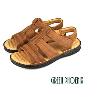 【GREEN PHOENIX】男 涼鞋 蠟感牛皮 魚骨 沾黏式 吸震 平底 台灣製 US10 棕色
