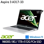 【雙碟升級】Acer宏碁  A317-33-P8YJ 17吋/N6000/8G/512G SSD+1TB//Win11/ 文書筆電