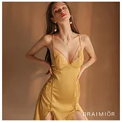久慕雅黛 DRAIMIOR美胸蕾絲綁帶裙擺絲滑睡裙。黃色