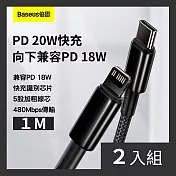 CS22 倍思鎢金系列快充PD 20W充電線1M(USB-C to Lightning)-2入