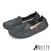 【Pretty】女 休閒鞋 莫卡辛 便鞋 素面 按摩顆粒 乳膠氣墊 平底 台灣製 JP23.5 全黑色