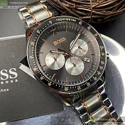 BOSS伯斯精品錶,編號：HB1513634,44mm圓形銀黑色精鋼錶殼槍灰色錶盤精鋼金銀相間錶帶