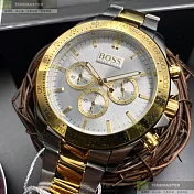 BOSS伯斯精品錶,編號：HB1512960,44mm圓形金色精鋼錶殼白色錶盤精鋼金銀相間錶帶