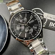BOSS伯斯精品錶,編號：HB1513477,44mm圓形銀精鋼錶殼黑色錶盤精鋼銀色錶帶