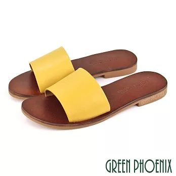 【GREEN PHOENIX】女 拖鞋 寬帶 手工製 全真皮 室內 室外 平底 台灣製 EU35 黃色