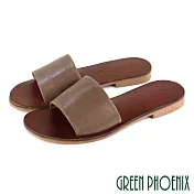 【GREEN PHOENIX】女 拖鞋 寬帶 手工製 全真皮 室內 室外 平底 台灣製 EU36 咖啡色