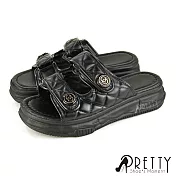 【Pretty】菱格紋雙寬帶釦飾沾黏式厚底拖鞋 EU36 黑色