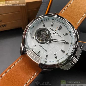 Giorgio Fedon 1919喬治飛登精品錶,編號：GF00077,46mm圓形銀精鋼錶殼白色機械鏤空錶盤真皮皮革咖啡色錶帶