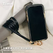 【Timo】iPhone/安卓市售手機殼通用款 斜背頸掛 手機掛繩背帶組(透明連接片＋掛繩) 簡約細皮繩- 個性黑