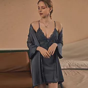 【Secret Lover】(帶胸墊)仿真絲 高檔精緻 法式蕾絲吊帶睡裙 罩衫二件套組SL2181 L 灰藍色