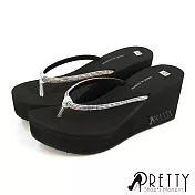 【Pretty】台灣製閃耀鑽帶人字夾腳厚底楔型拖鞋 JP22.5 黑色