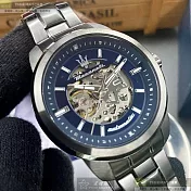 MASERATI瑪莎拉蒂精品錶,編號：R9823121001,44mm圓形黑精鋼錶殼寶藍色錶盤精鋼深黑色錶帶