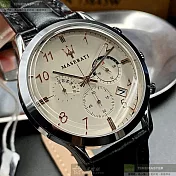 MASERATI瑪莎拉蒂精品錶,編號：R8871625006,42mm圓形銀精鋼錶殼米黃色錶盤真皮皮革深黑色錶帶