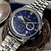 MASERATI瑪莎拉蒂精品錶,編號：R8873613001,42mm圓形銀精鋼錶殼寶藍色錶盤精鋼銀色錶帶