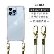 【Timo】iPhone 13 mini 5.4吋 專用 附釦環透明防摔手機保護殼(掛繩殼/背帶殼)+簡約細皮繩 貝殼白