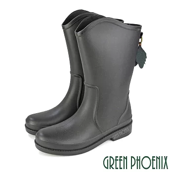 【GREEN PHOENIX】女 雨靴 雨鞋 中筒 素面 葉片 墜飾 吸震 減壓 防水 EU36 黑色