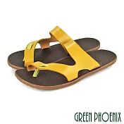 【GREEN PHOENIX】女 拖鞋 套趾 夾腳 復古 日系 純色 全真皮 平底 台灣製 EU38 黃色