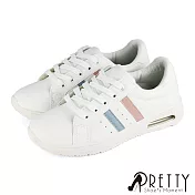 【Pretty】女 休閒鞋 撞色 雙線條 綁帶 氣墊 平底 台灣製 JP23 白色