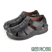 ◤Green Phoenix◥台灣手工縫製寬帶簍空全真皮沾黏式平底護趾厚底涼鞋 US6 黑色
