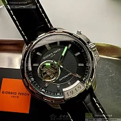 Giorgio Fedon 1919喬治飛登精品錶,編號：GF00081,46mm圓形銀精鋼錶殼黑色錶盤真皮皮革深黑色錶帶