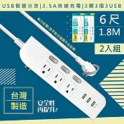 【WISER精選:台灣製造】6呎1.8M延長線3P3開3插3USB(新安規/USB快充3.5A)-2入組