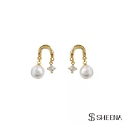 【SHEENA】U型珍珠吊墜耳環 - 金