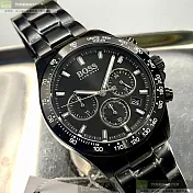 BOSS伯斯精品錶,編號：HB1513754,44mm圓形黑精鋼錶殼黑色錶盤精鋼深黑色錶帶