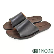 【GREEN PHOENIX】男 拖鞋 素面 全真皮 室內 室外 平底 台灣製 EU42 黑色(41-42)