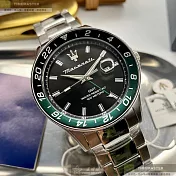 MASERATI瑪莎拉蒂精品錶,編號：R8853140005,44mm圓形墨綠黑精鋼錶殼黑色錶盤精鋼銀色錶帶
