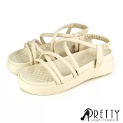 【Pretty】女 涼鞋 交叉 繞踝 鬆緊帶 厚底 韓國進口 JP23.5 米色