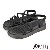 【Pretty】女 涼鞋 交叉 繞踝 鬆緊帶 厚底 韓國進口 JP23 黑色