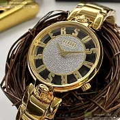 VERSUS VERSACE凡賽斯精品錶,編號：VV00095,36mm圓形金色精鋼錶殼金色鏤空錶盤精鋼金色錶帶