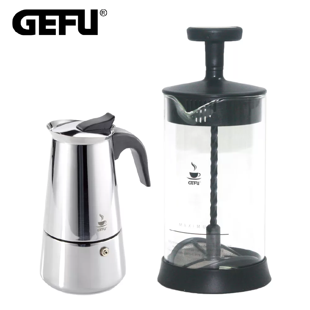 【GEFU】德國品牌不鏽鋼濃縮咖啡壺(2杯)+270ml耐熱玻璃奶泡器(原廠總代理)
