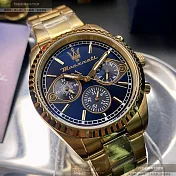 MASERATI瑪莎拉蒂精品錶,編號：R8853100026,42mm圓形金色精鋼錶殼寶藍色錶盤精鋼金色錶帶