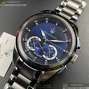 MASERATI瑪莎拉蒂精品錶,編號：R8873612014,46mm圓形黑精鋼錶殼寶藍色錶盤精鋼銀色錶帶