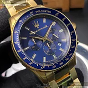 MASERATI瑪莎拉蒂精品錶,編號：R8873640008,44mm圓形寶藍精鋼錶殼寶藍色錶盤精鋼金色錶帶