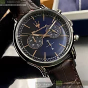 MASERATI瑪莎拉蒂精品錶,編號：R8871618014,42mm圓形銀精鋼錶殼寶藍色錶盤真皮皮革咖啡色錶帶