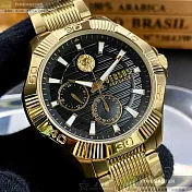 VERSUS VERSACE凡賽斯精品錶,編號：VV00112,48mm12角形金色精鋼錶殼黑色幾何立體圖形錶盤精鋼金色錶帶